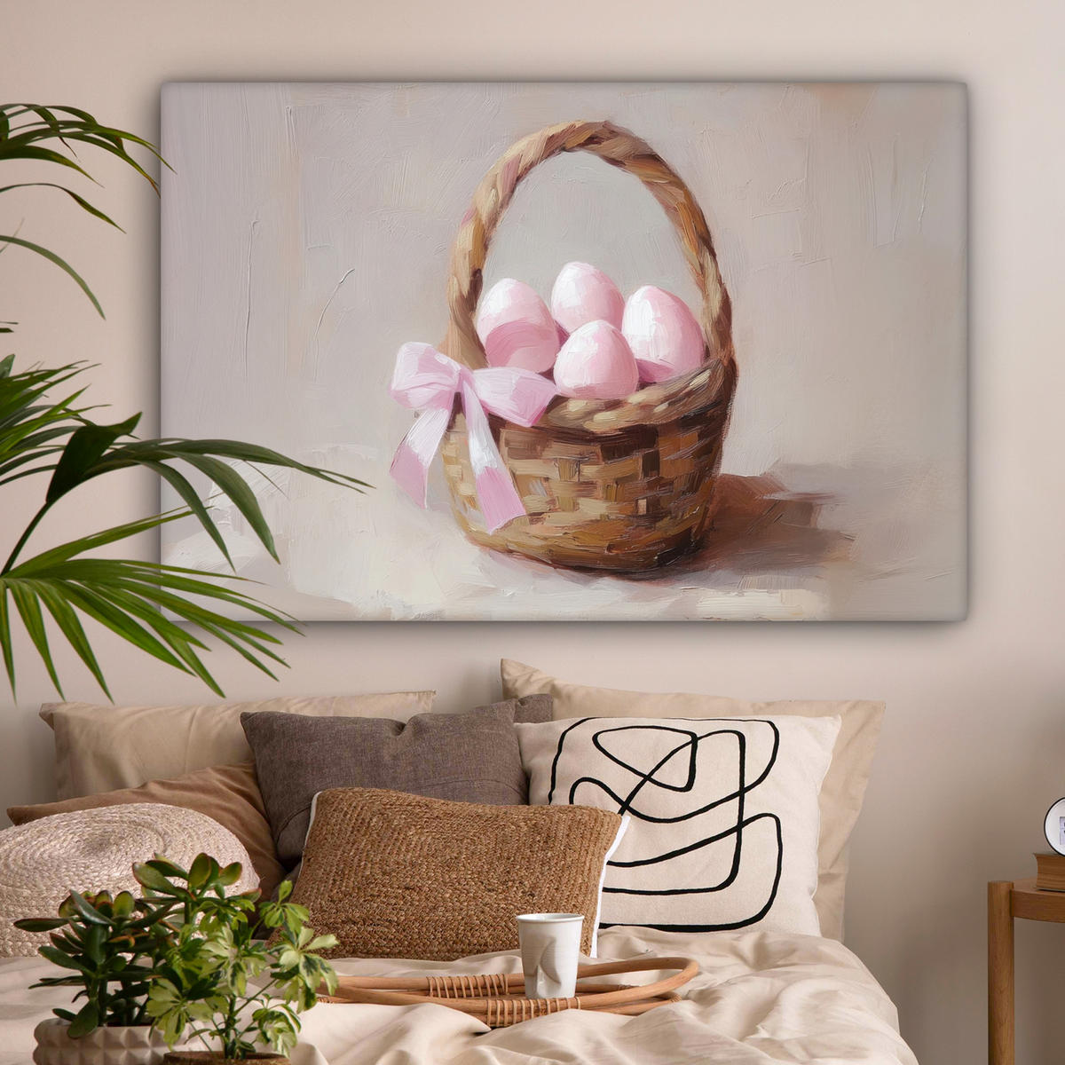 LEINWANDBILD Korb - Eier - Rosa Wohnzimmer Groß 120x80 cm - Beige, Textil (120/80cm) - MuchoWow