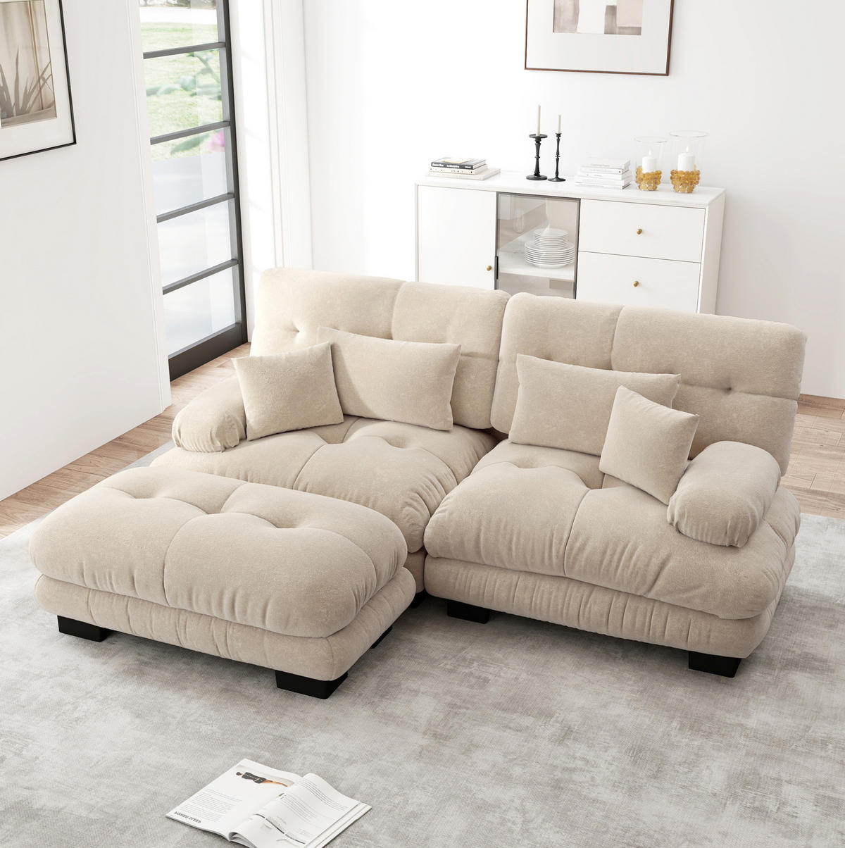 ECKSOFA in Hellkaffee mit Chenillebezug, modular und mit Ottomane - Cappuccino, Textil (145/220cm) - Flora Grace