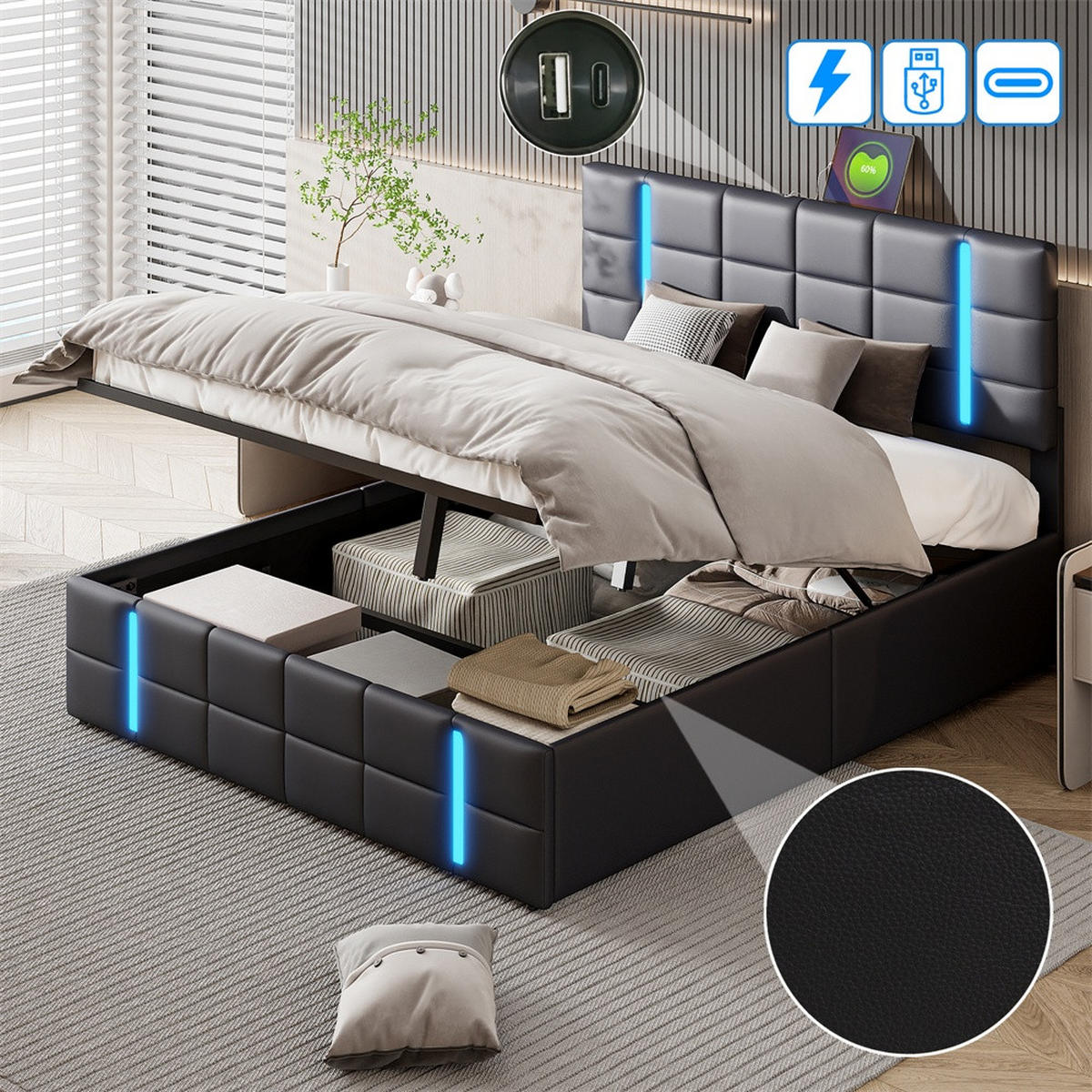 POLSTERBETT 140x200 cm mit LED-Beleuchtung , 2 USB-Ports und hydraulischem Stauraum - ohne Matratze - Schwarz, Textil (140/200cm) - DELFA