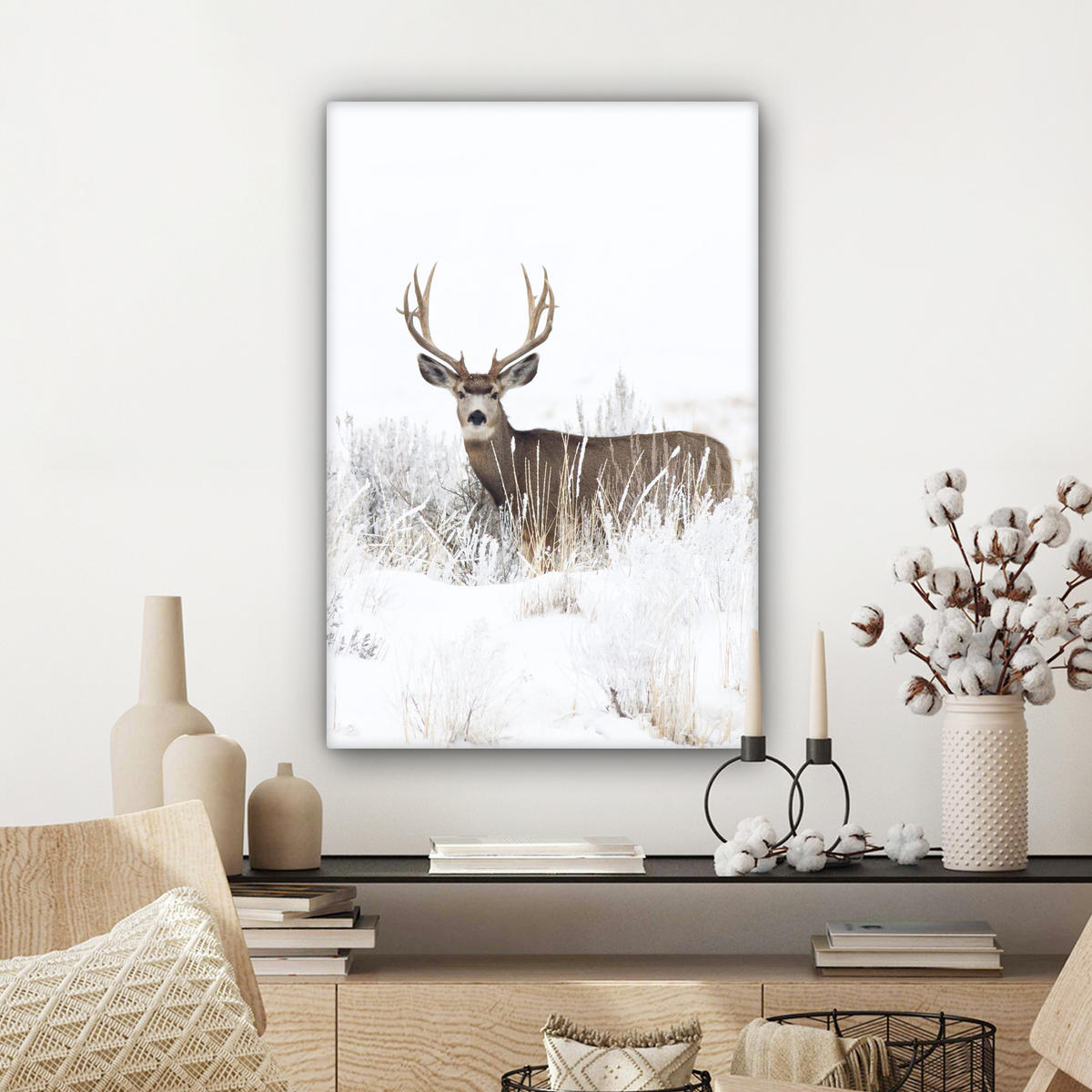 LEINWANDBILD Hirsche - Winter - Schnee - Tiere - Jahreszeiten - Weiß Wanddeko Schlafzimmer 60x90 cm - Hellbraun, Textil (60/90cm) - MuchoWow