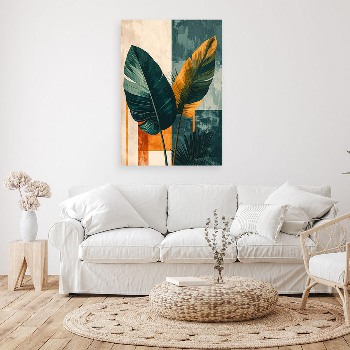 WANDBILD, Exotische Blätter in Grün und Gold auf geometrischem Hintergrund - Grün, Textil (30/45cm) - Feeby