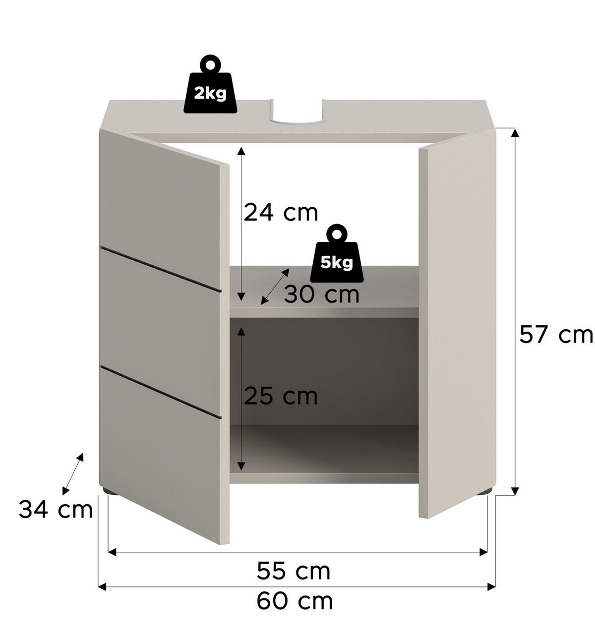 WASCHBECKENUNTERSCHRANK Kaschmir, Badezimmer Unterschrank 60 x 56 cm - Kaschmir/Schwarz, Holzwerkstoff/Kunststoff (60/56/34cm) - Inn.Furn