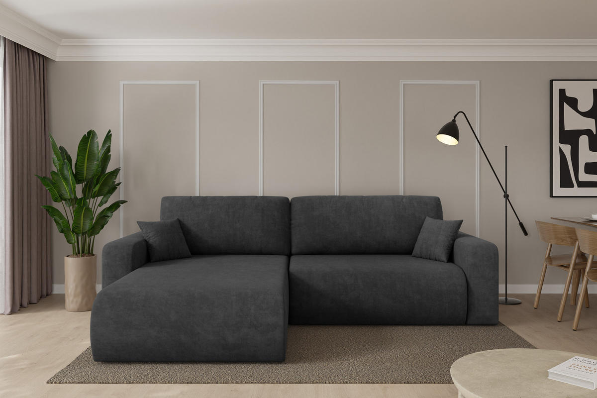 ROHOVÁ SEDAČKA s funkcí spaní, otoman vlevo BERY-L 276x193x88 tmavě šedá velur - černá/antracitová, kompozitní dřevo/textil (276/193cm) - ALTDECOR