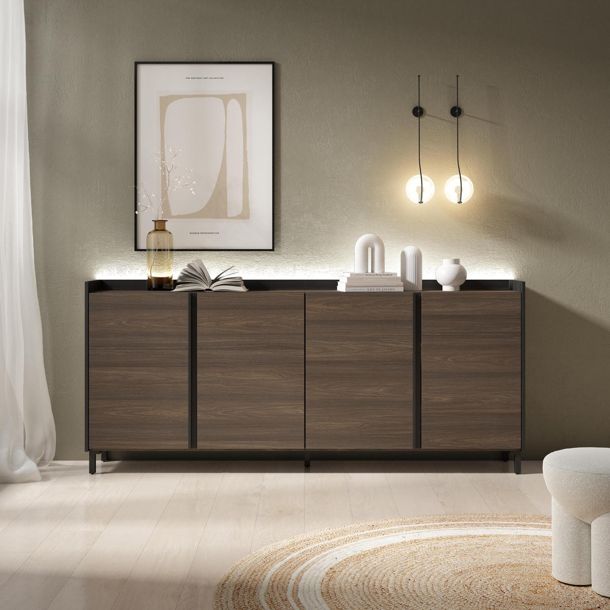 SIDEBOARD, Dunkler Eiche und Schwarz, 207/35/91cm, mit Beinen - Dunkelbraun, Holzwerkstoff (207/91/35cm) - Skraut Home