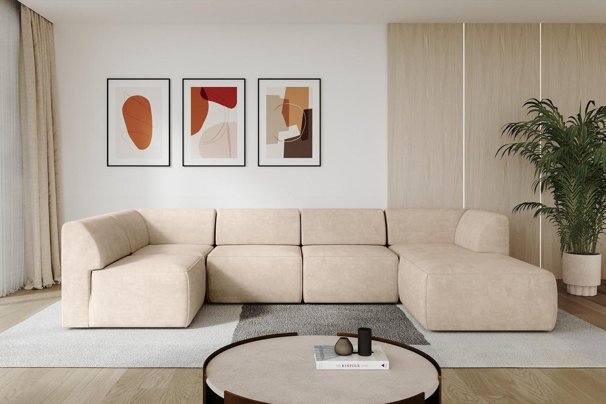 WOHNLANDSCHAFT Ottomane Rechts MOVA 345x180x78 Beige Samt - Beige/Schwarz, Holzwerkstoff/Kunststoff (345/78/180cm) - ALTDECOR
