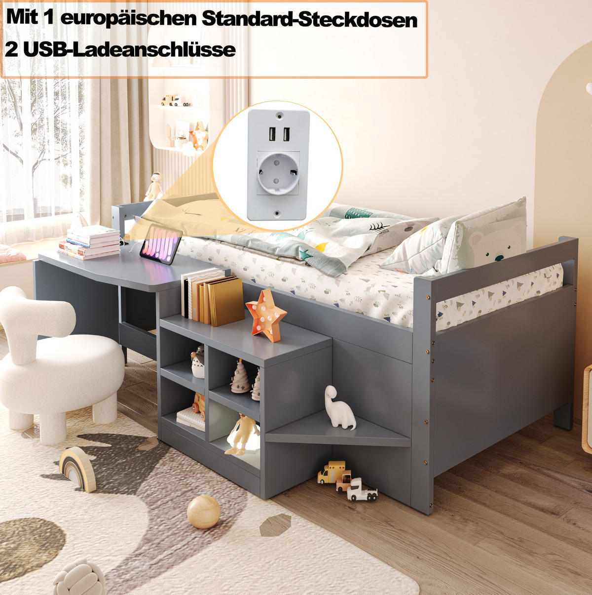DETSKÁ posteľ 90/200 cm sivá s písacím stolom úložným priestorom a zásuvkou z dreva a MDF - sivá, kompozitné drevo (90/200cm) - OKWISH