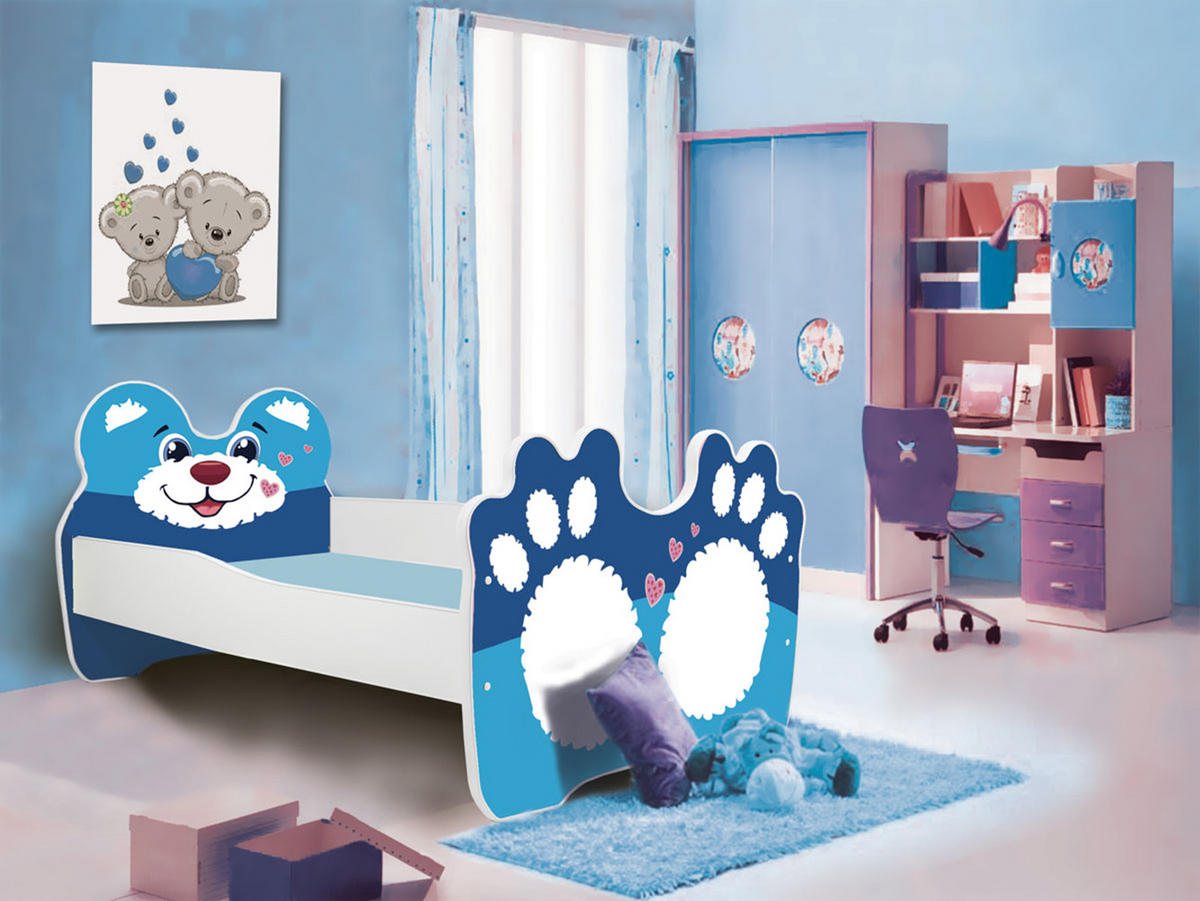 KINDERBETT Bear weiß / Motiv blauer Bär 88 / 164 / 63cm - Blau/Weiß, Holz/Holzwerkstoff (80/160cm) - Feldmann-Wohnen