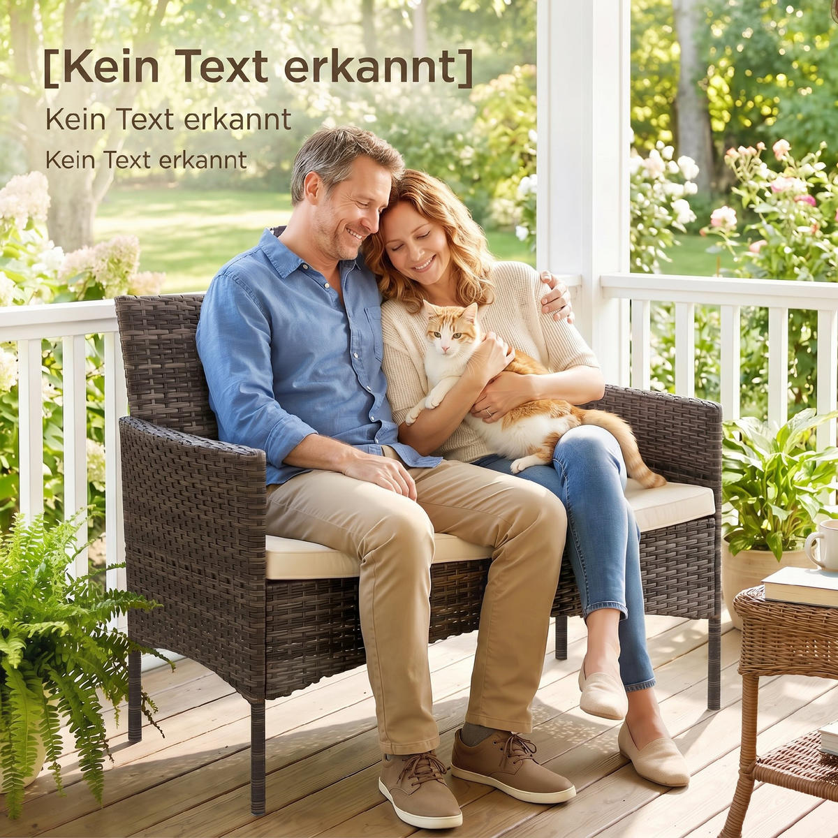 GARTENBANK aus PE-Rattan mit Auflage, Khaki - Beige/Schwarz, Textil/Metall - Outsunny