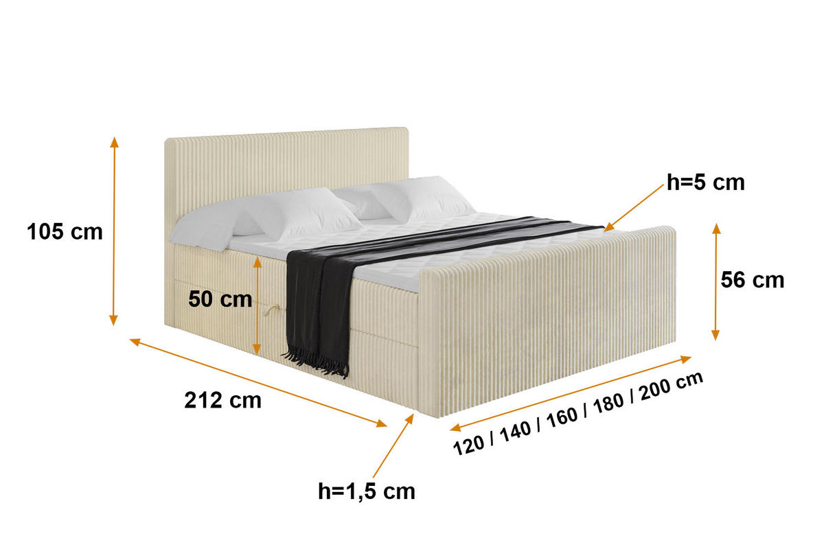 BOXBETT mit Matratze H3 und Lattenrost - TOLO-Z - 140x200 Cord - Creme - Champagner, Holzwerkstoff (140/200cm) - ALTDECOR