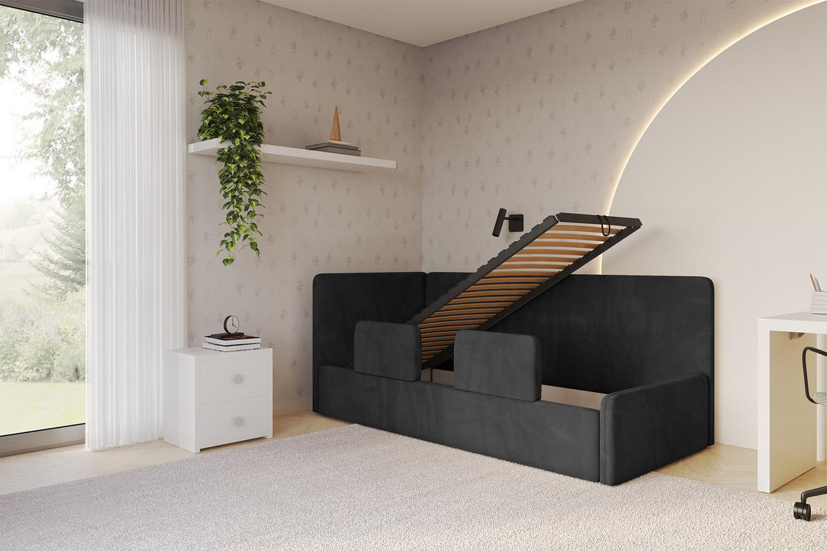 EINZELLBETT Jugendbett mit Bettkasten und Matratze H3/H4, Rechts - NORY 100x200 Schwarz - Anthrazit, Holzwerkstoff/Textil (100/200cm) - ALTDECOR