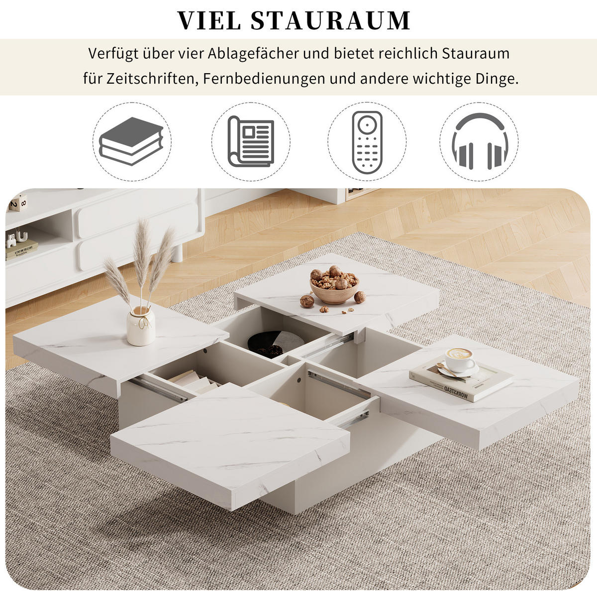COUCHTISCH 90/90/25 cm weiß aus Spanplatte mit schiebbarer Tischplatte und Schubladen - Weiß, Holzwerkstoff (90/90/25cm) - OKMYHOME