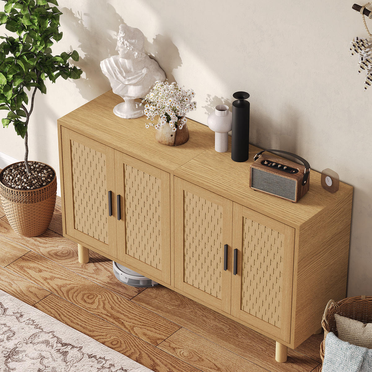 SIDEBOARD Rattanschrank mit 4 Türen, Wohnzimmerschrank Stauraum, 80/140/80 cm - Naturfarben, Holz/Metall (40/80/140cm) - PARAFTA HOME