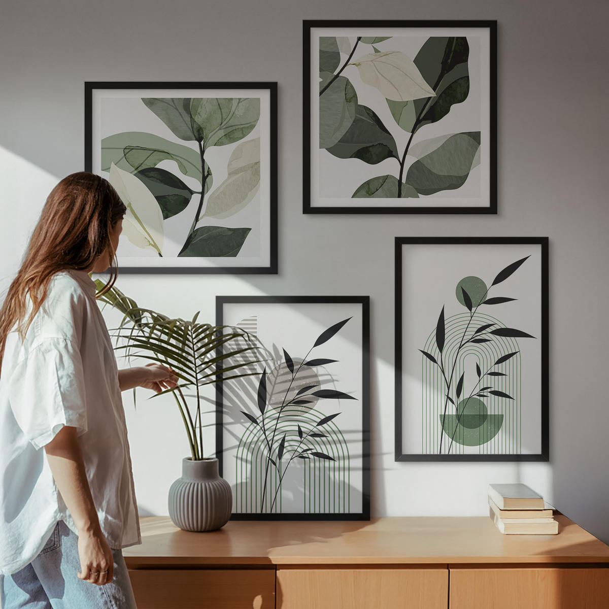 BILDER SET 4er Set - 50x50 cm & 40x60 cm Schwarzer Rahmen - Boho-Pflanzenkompositionen - Schwarz, Kunststoff (50/50cm) - TULUP
