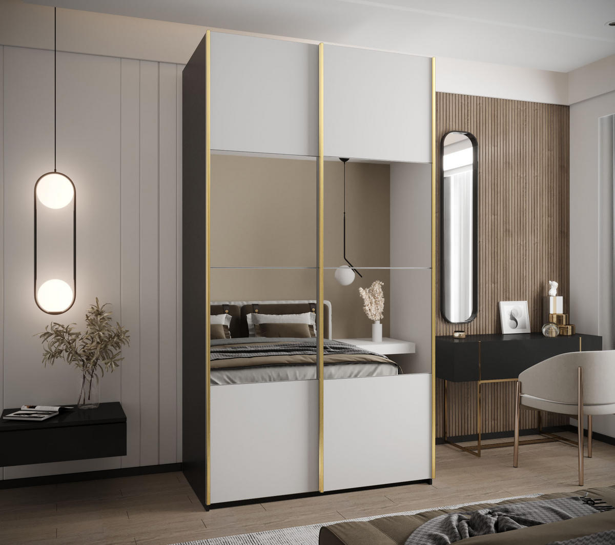 SCHWEBETÜRENSCHRANK 245,5/140/64 2-türig - Goldfarben/Schwarz, Holz/Metall (140/245/64cm) - Abiks Möbel