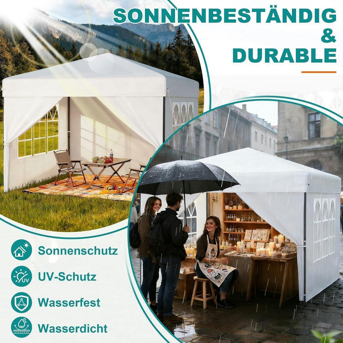 FALTPAVILLON 300 x 300 cm mit Seitenwänden Weiß - Weiß, Textil (300/260/300cm)