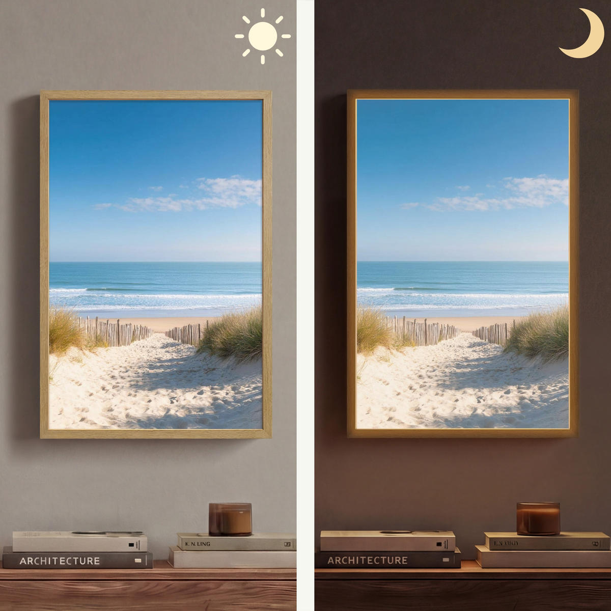 NÁSTĚNNÁ LAMPA S AKUMULÁTOREM Pláž - moře - duny - písek - léto 40x60 cm - písková barva, kompozitní dřevo (40/60/8cm) - OnlyWow
