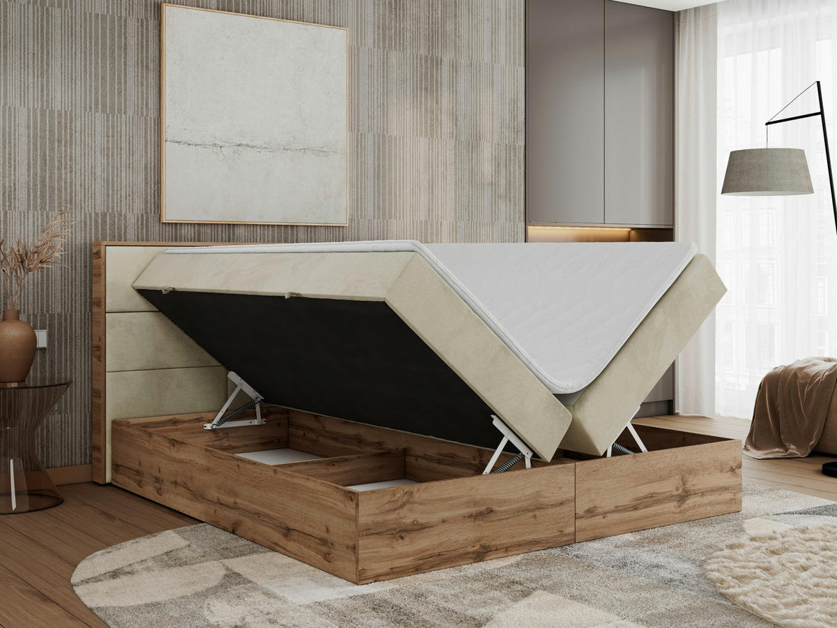 BOXBETT ALBERO 2 - 140/200 Beige Velvet - H3 - Beige, Holz/Textil (140/200cm) - MKS