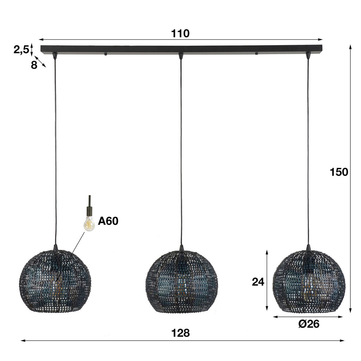 HÄNGELEUCHTE Armor Grau 128/30/ 150 cm - Grau, Metall (128/30/150cm) - Hoyz Collection