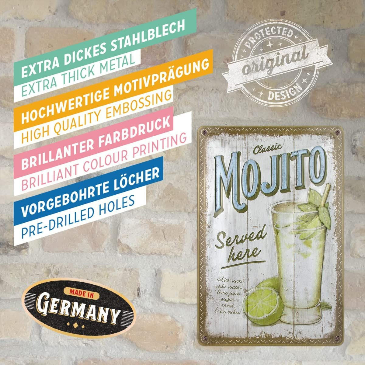 BLECHSCHILD 20/30 cm Open Bar Mojito Served Here - Multicolor, Metall (20/30/0.2cm) - Nostalgic-Art