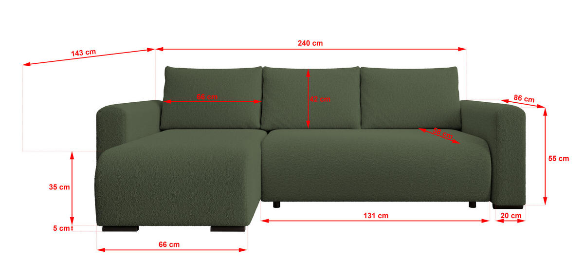 ECKSOFA DORA L, Eckcouch in L-Form mit Schlaffunktion und Bettkasten, Farbe: Grün, Bouclé-Stoff, Ottomane Links - Grün, Textil (240/143cm) - Storez24