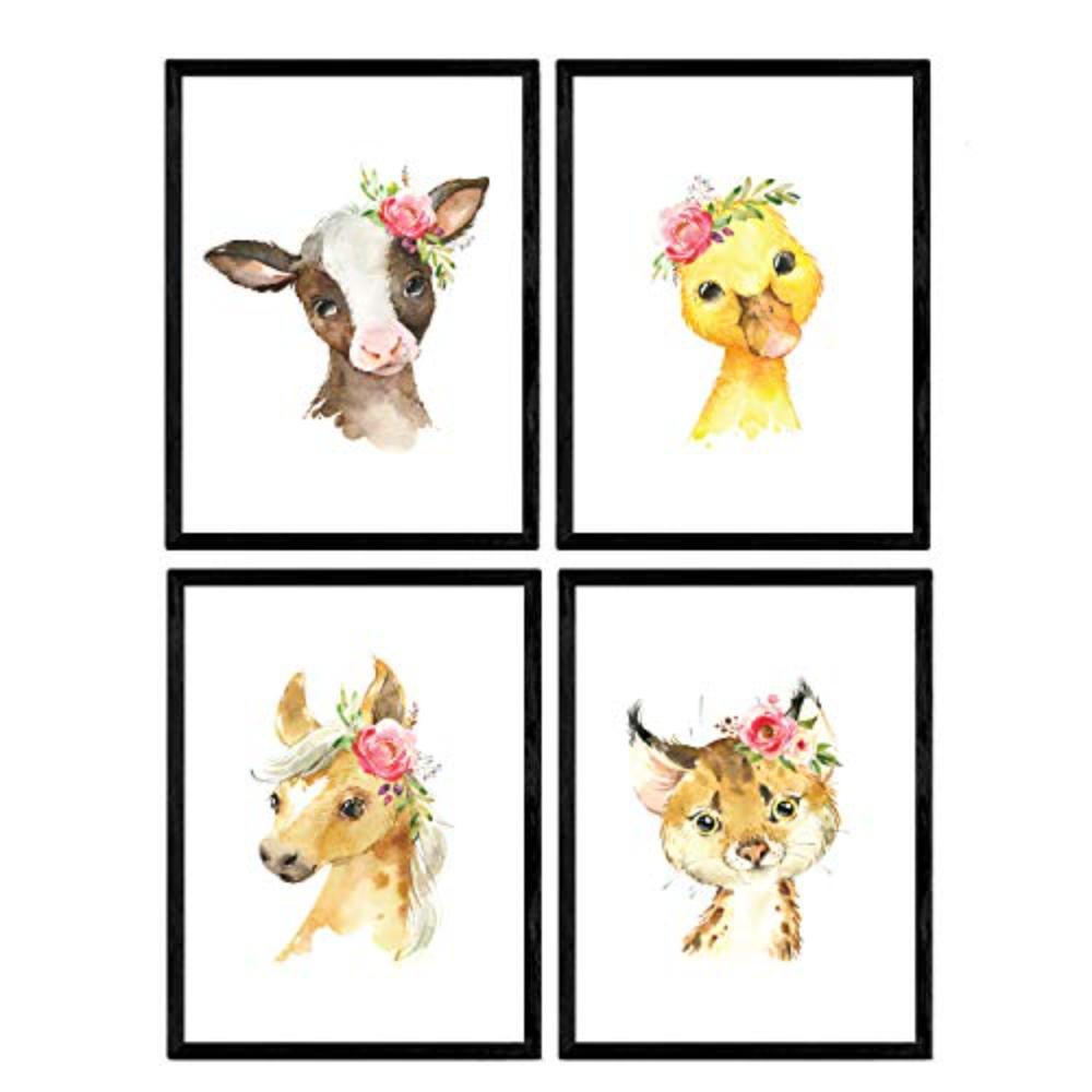 POSTER Set mit 4 Leopard Duck Kuh und Pferd A4 Schwarzer Rahmen - Schwarz, Papier (29.7/3cm) - Nacnic