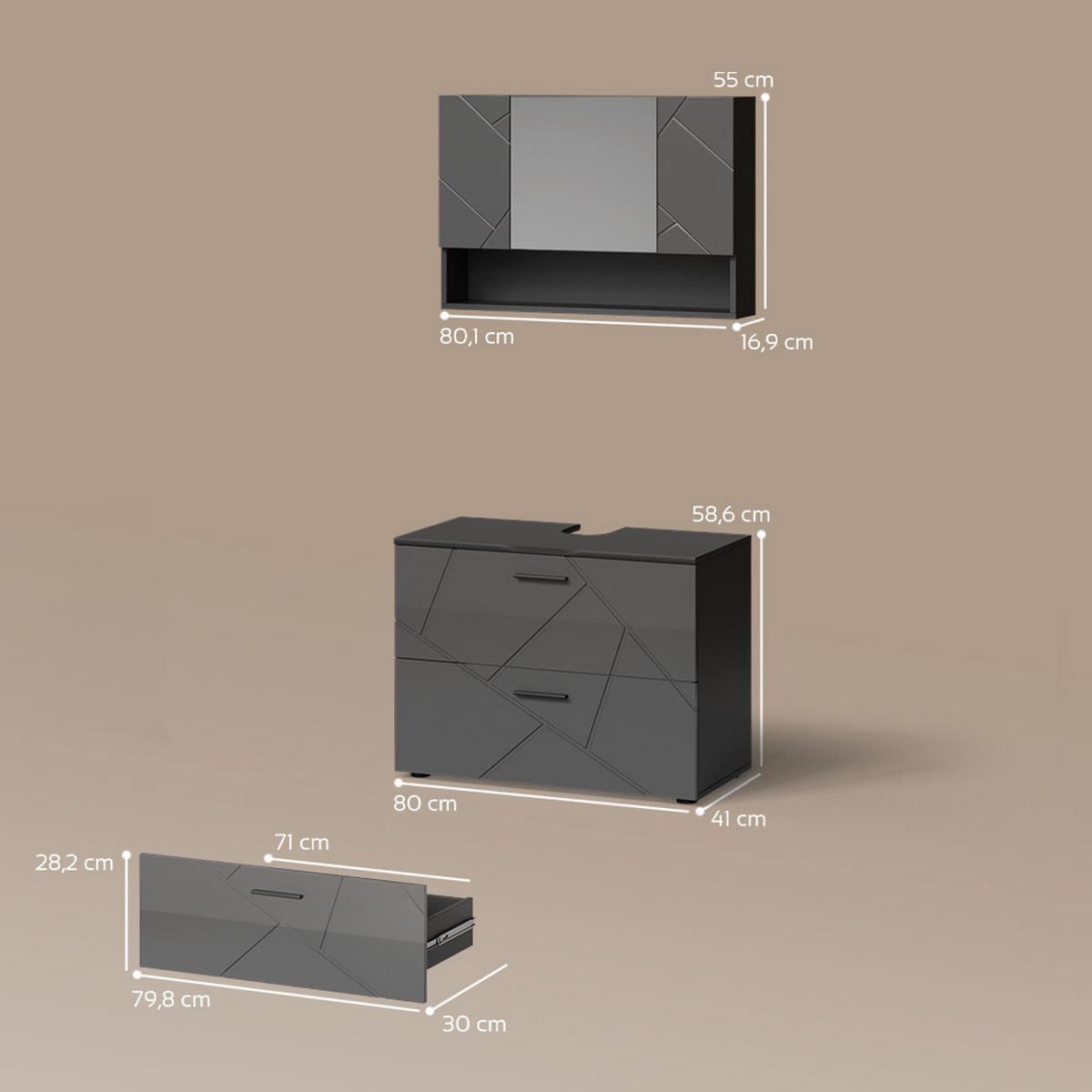 BADMÖBEL-SET Ronco Anthrazit Hochglanz 2 Teile, Unterschrank 80 cm - Anthrazit, Holzwerkstoff (41/80/58cm) - Livinity®