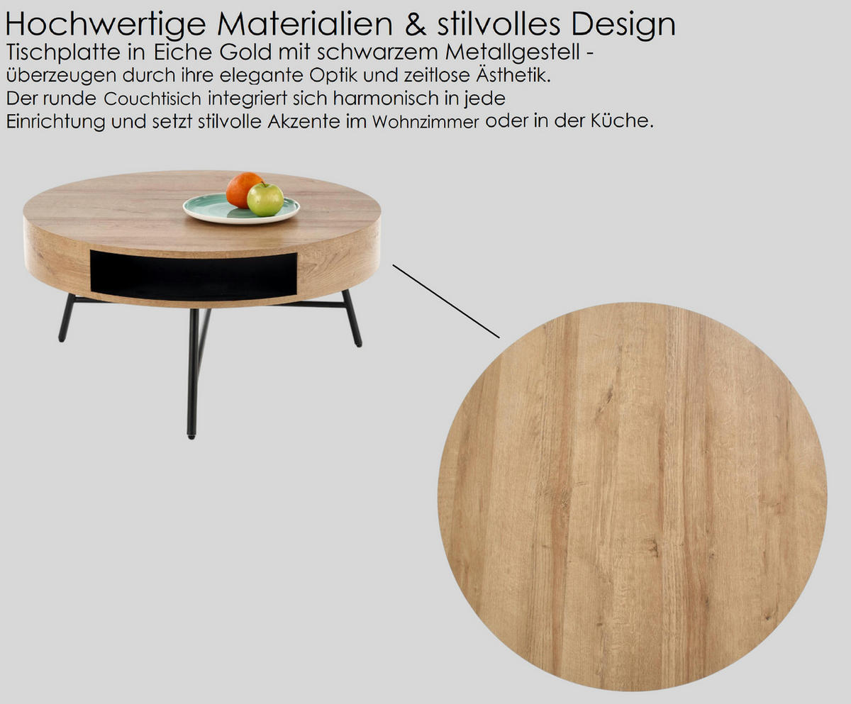 COUCHTISCH rund Eiche Gold Schwarz 80/80/40 cm - Eichefarben/Schwarz, Holzwerkstoff (80/80/41cm) - designimpex