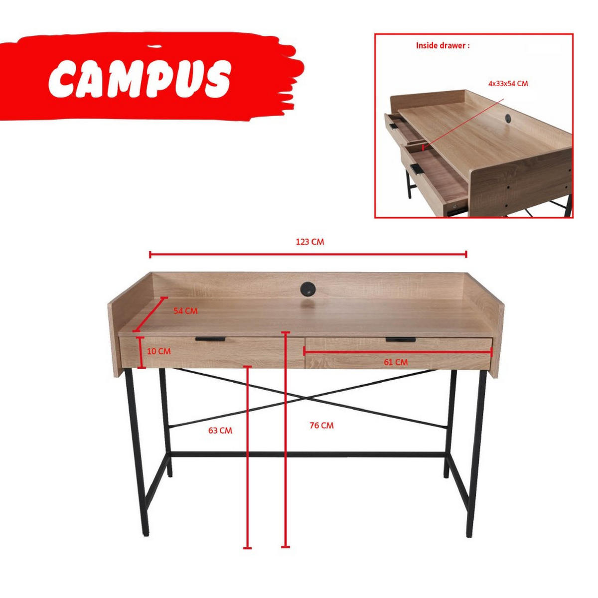 SCHREIBTISCH CAMPUS mit Schubladen/ Eiche Dekor und Schwarzes Metall - Schwarz/Sonoma Eiche, Holzwerkstoff/Metall (120/50/151cm) - Weber Industries
