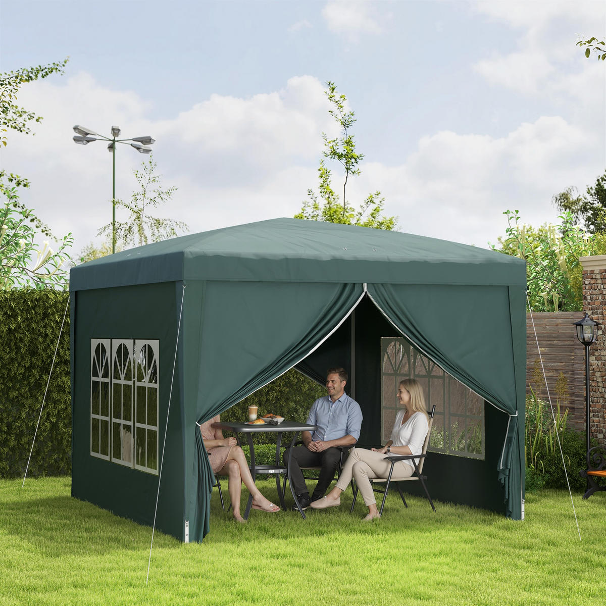 PAVILLON mit 4 Seitenwänden, Oxfordstoff, Stahl, Grün - Grün, Textil/Metall (2.95/2.58/2.95cm) - Outsunny