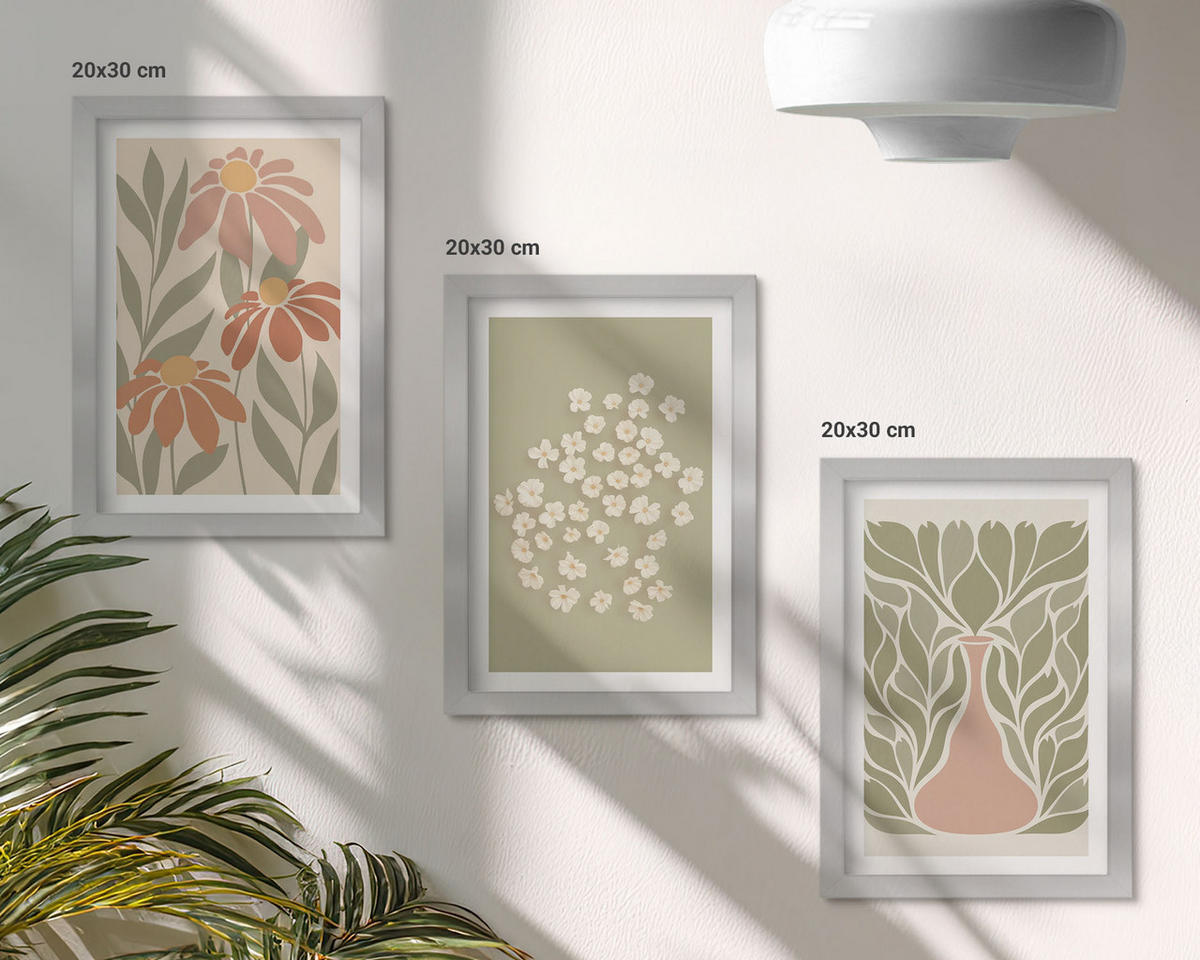 WANDBILDER 3er Set - 20x30 cm Silberner Rahmen - Florale Boho-Muster - Silberfarben, Kunststoff (20/30cm) - ArtPrintCave