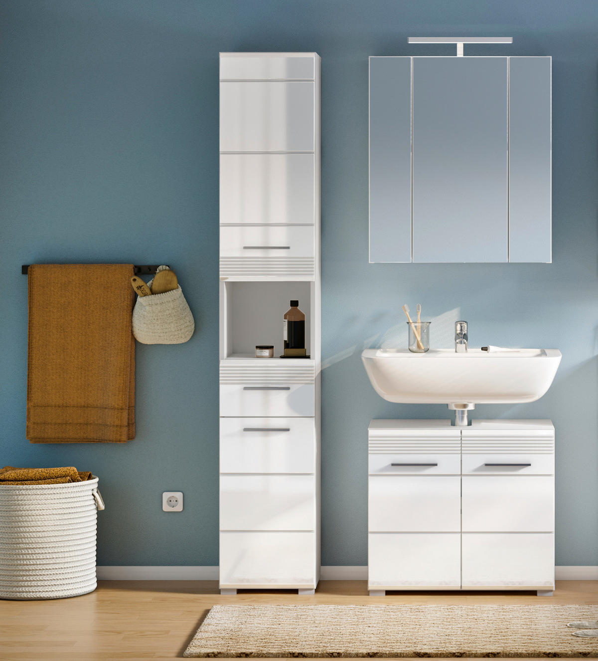 BADMÖBEL-SET weiß Hochglanz, 3-teilig 105 x 182 cm, Badkombination mit Spiegelschrank - Weiß Hochglanz, Glas/Holzwerkstoff (105/182/34cm) - Inn.Furn