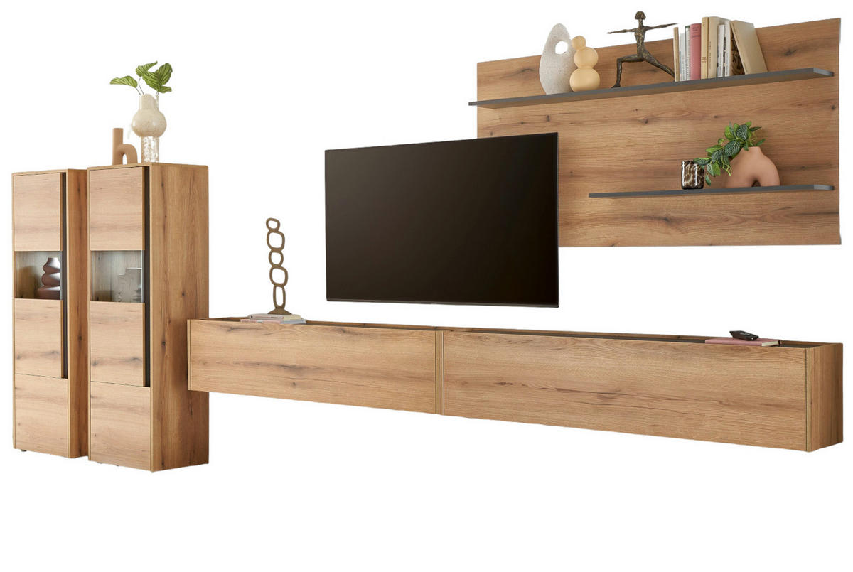 WOHNWAND Evoke Eiche, grau, Wohnkombination Set 5-teilig mit XXL-TV-Schrank, 440 cm - Eichefarben/Grau, Glas/Holz (440/180/40cm) - Furn.Design