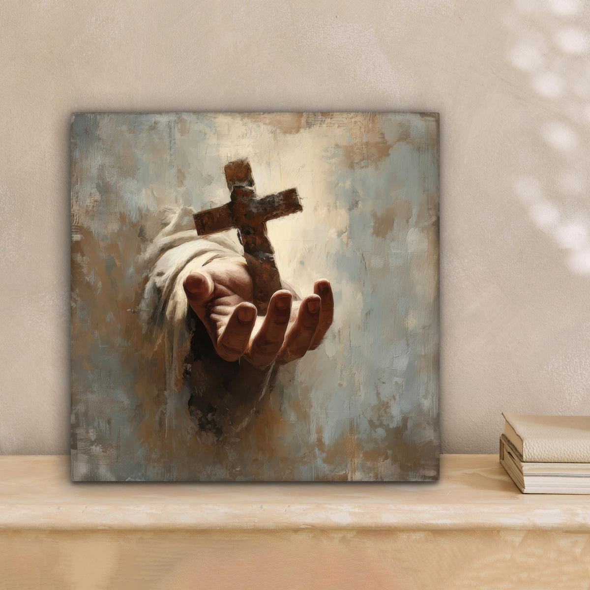 LEINWANDBILD Abstrakt - Kreuz - Hand - Christentum Deko Wohnzimmer 20x20 cm - Hellbraun, Textil (20/20cm) - MuchoWow