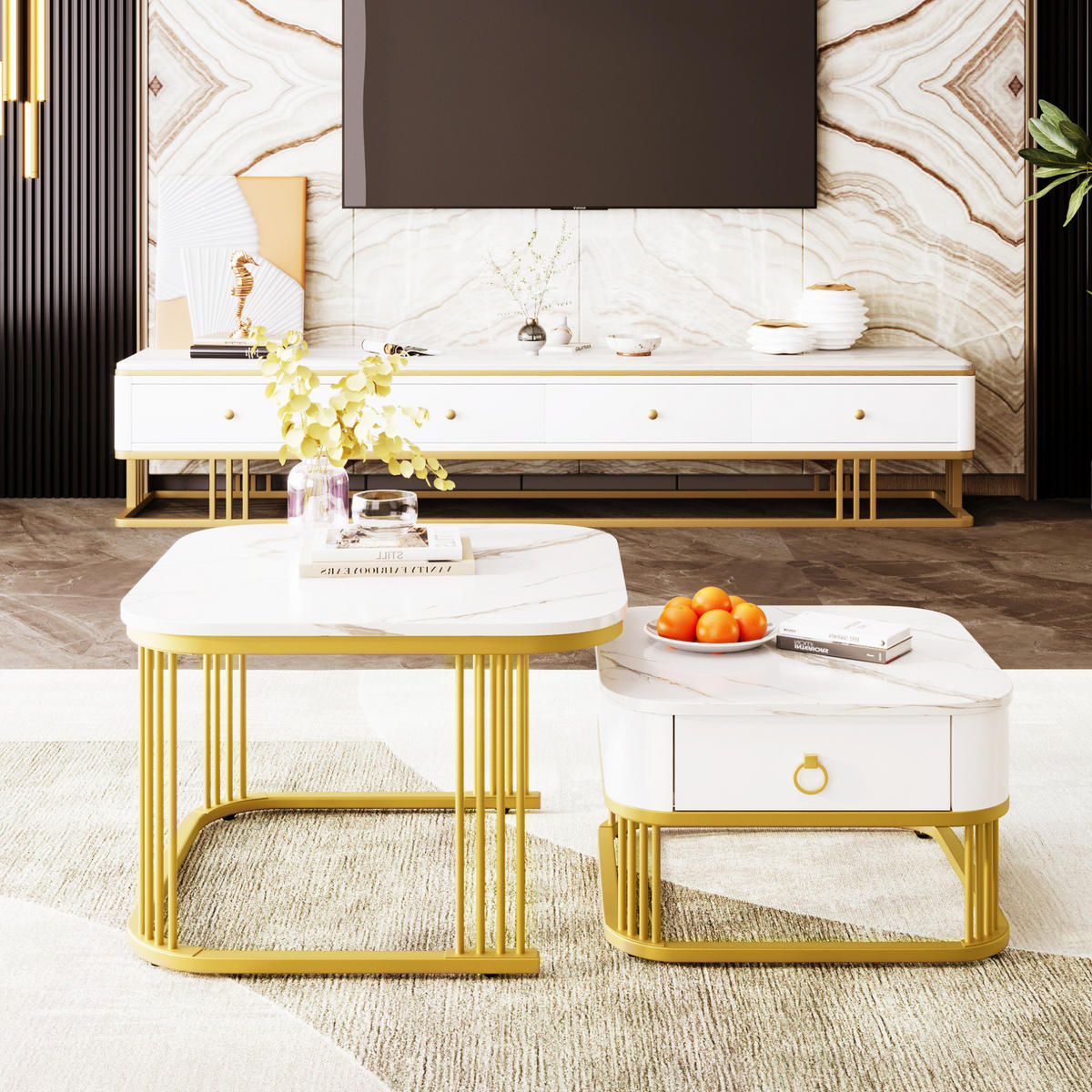 COUCHTISCH 2‑teilig MDF Hochglanz Marmoroptik mit goldenen Metallakzenten und Schublade 60/60/45 + 50/50/34 cm, Weiß und Gold - Weiß, Holzwerkstoff (60/60/45cm) - Redom