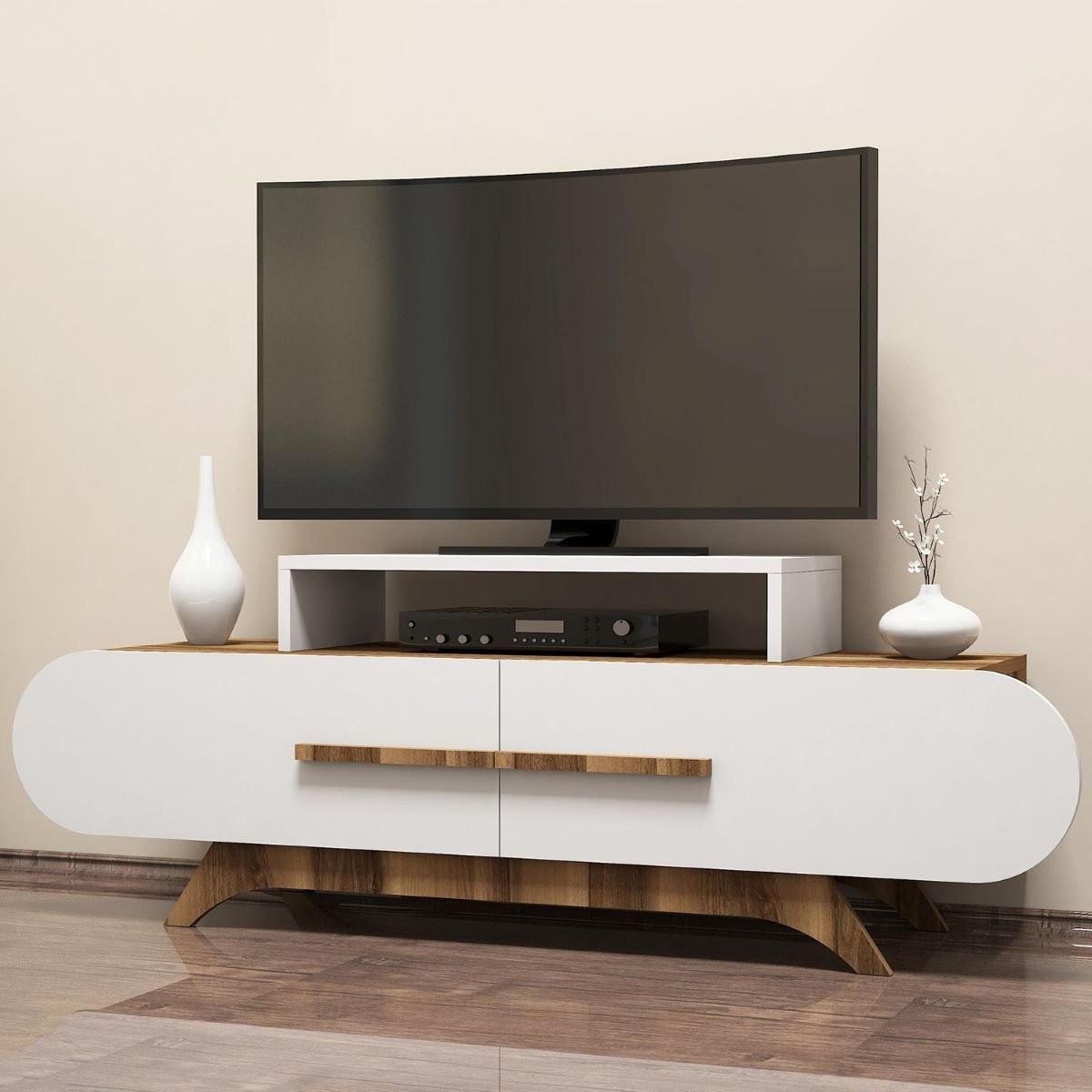 TV-MÖBEL 2 Türen Dekor Nussbaum und Weiß L145 cm - Rose - Apfelbaumfarben, Holzwerkstoff (36.8/49.8/145cm) - Calicosy