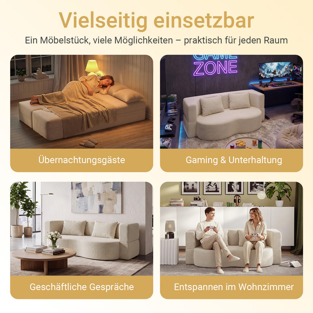 SCHLAFSOFA mit Bettfunktion und waschbarem Cordbezug FST101-MI - Beige, Textil/Metall (177/32/107cm) - SoBuy