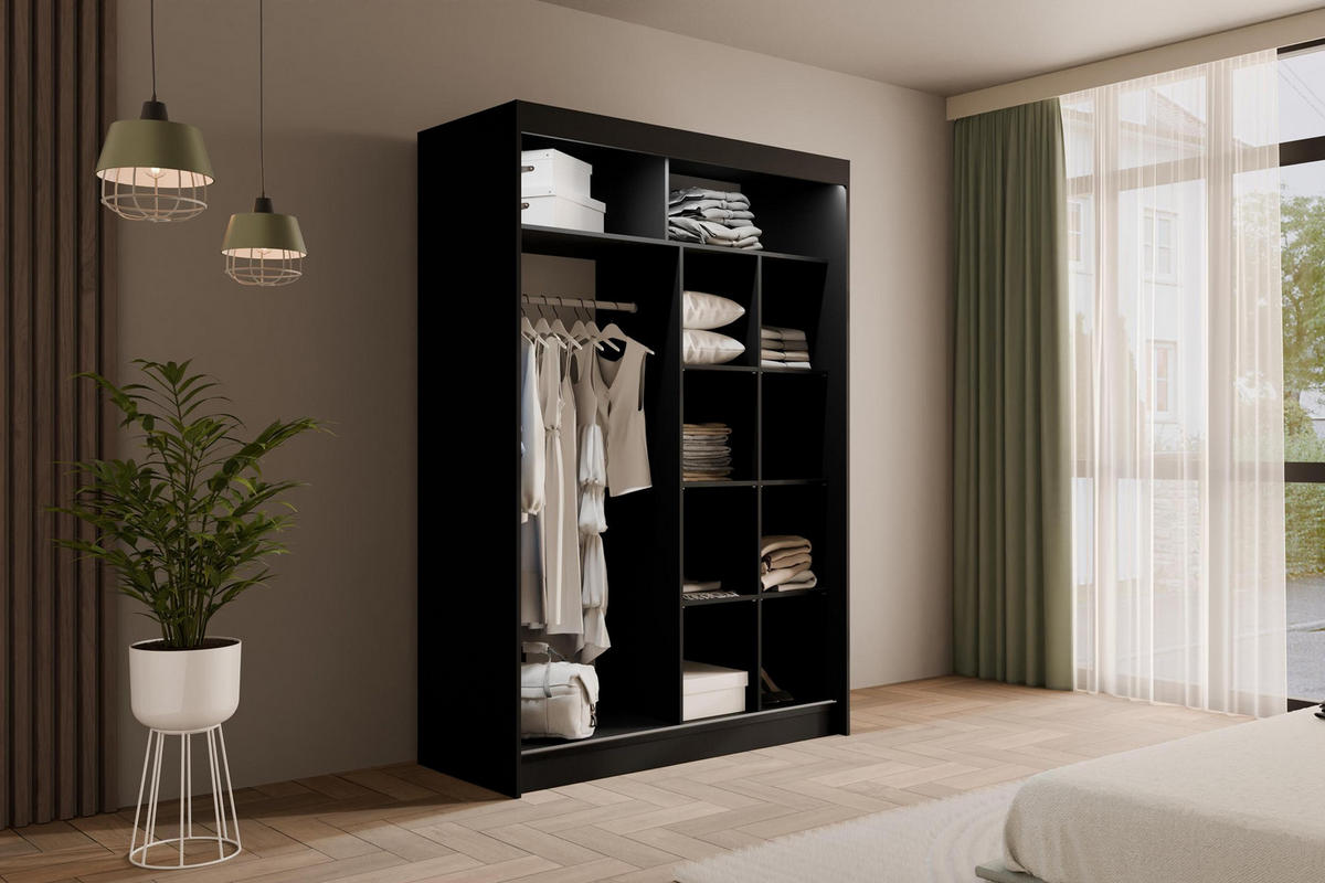 KLEIDERSCHRANK PEKA mit LED - 150 cm - Schwarz|Weiß - Schwarz/Weiß, Holzwerkstoff (150/215/61cm) - ALTDECOR