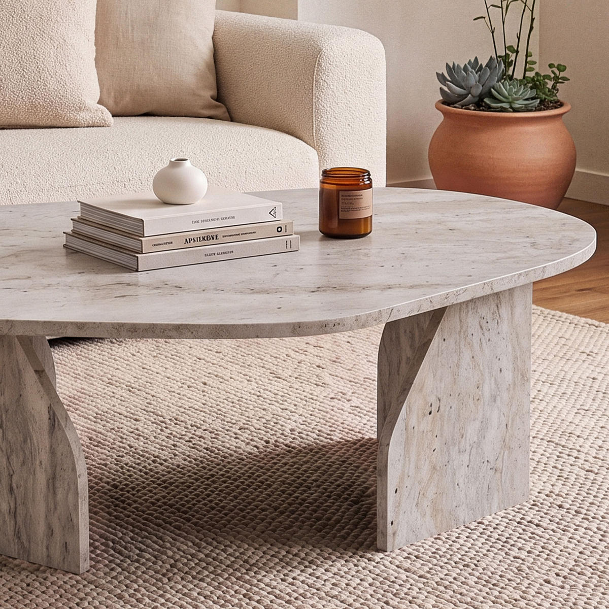 SOFFBORD med organiskt formad skiva och breda ben, 100 cm långt - ROCK - Beige, Träbaserade material (66/60/35cm) - Calicosy