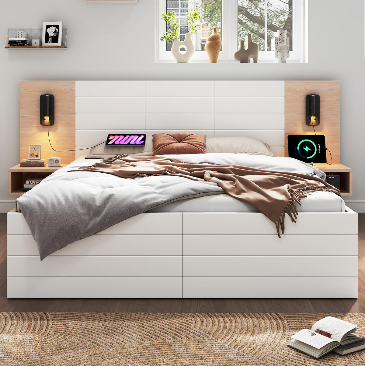DOPPELBETT 180/200 cm mit Leselicht, USB-Anschluss, 2 Schubladen und 2 Nachtkommoden, Weiß/Eiche - Weiß, Holzwerkstoff (180/200cm) - Redom
