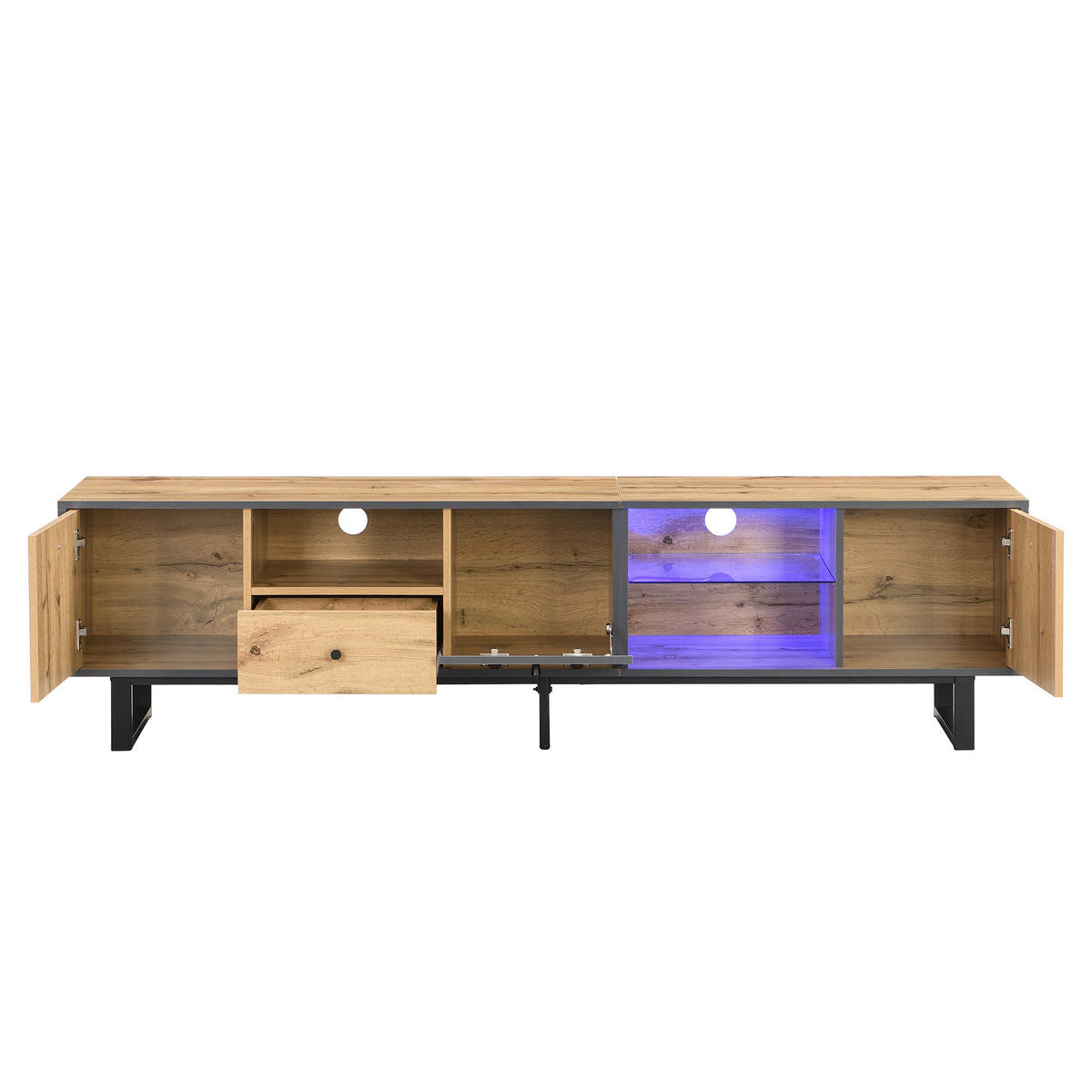 TV-LOWBOARD aus Spanplatte 190x40x50 cm Holzfarben/Anthrazit mit LED-Beleuchtung, Glasböden und gedämpften Scharnieren - Naturfarben, Holzwerkstoff (190/50/40cm) - Modfu