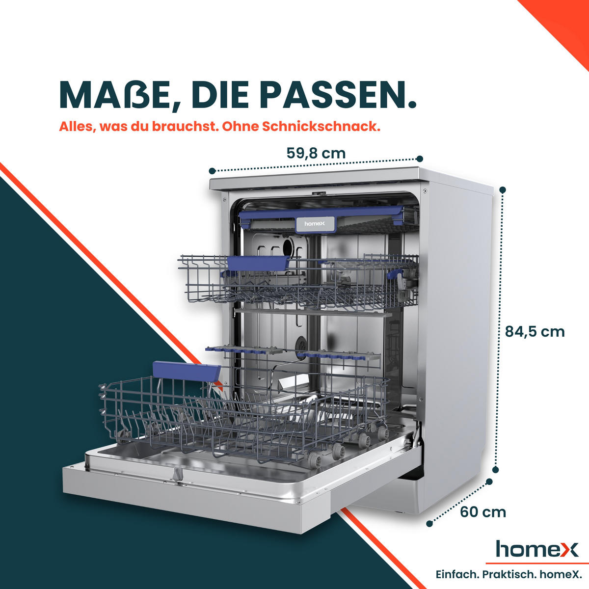 GESCHIRRSPÜLER DWFS601442A-S freistehend 60 cm, Spülmaschine - 14 Maßgedecke, 9 Programme, AquaStop, Unterbaufähig - Silberfarben/Schwarz, Kunststoff/Metall (59.8/84.5/60cm) - homeX