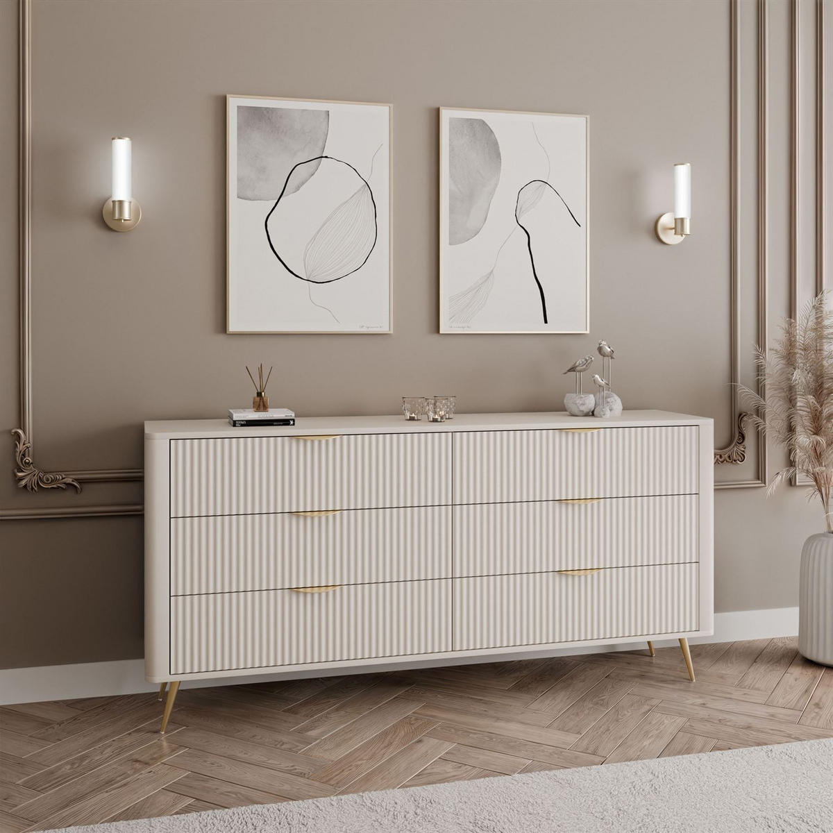 SIDEBOARD SCARLETT 6S MIT SCHUBLADEN BEIGE + GOLD - Beige, Holzwerkstoff (163/81/38cm) - Lookway