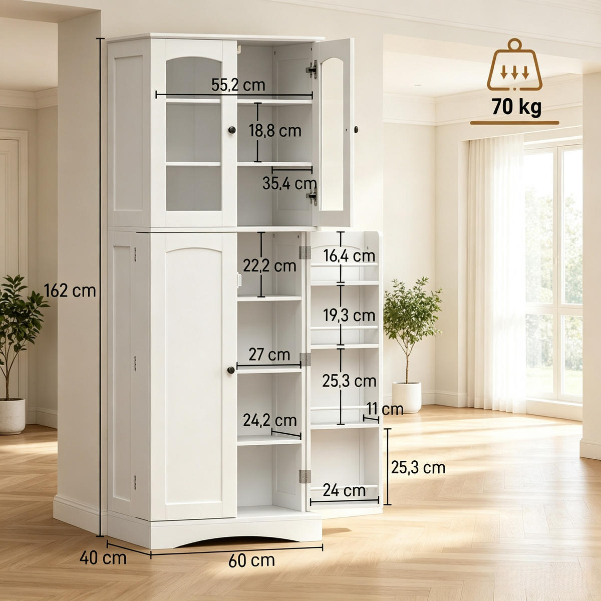 KÜCHENSCHRANK Vitrinenschrank mit Acryltüren, 60/162/40 cm, MDF, Weiß, VERSTELLBARE EINLEGEBÖDEN, für Küche und Esszimmer - Weiß, Holzwerkstoff (40/162/60cm) - Rolipo