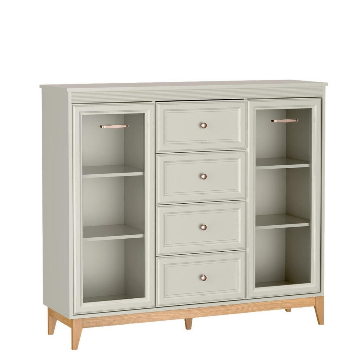 VITRINE Windsor Kaschmir, Breite Viertürige Vitrineschrank mit Schubladen - Kaschmir, Holzwerkstoff (142/126/41cm) - Bettso