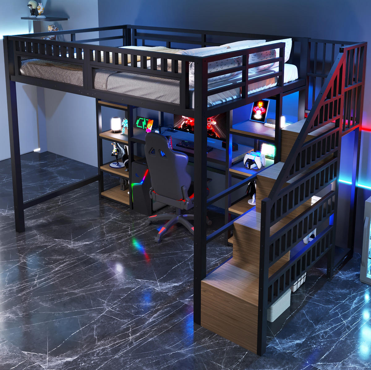HOCHBETT 140/200 cm, Schwarz mit Schreibtisch, LED-Lichtleiste, ohne Matratze - Schwarz, Metall (140/200cm) - MIVRAY