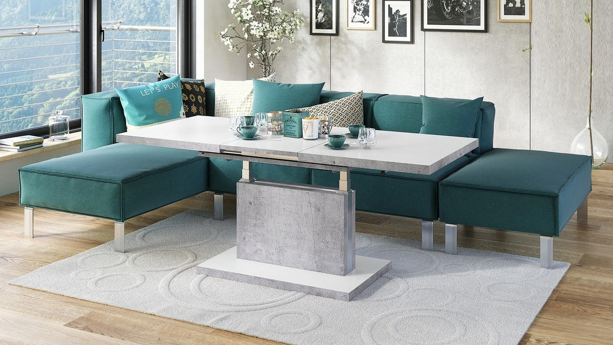 COUCHTISCH rechteckig Weiß matt Beton ausziehbar höhenverstellbar - Hellgrau/Weiß, Holzwerkstoff (70/120/56cm) - designimpex