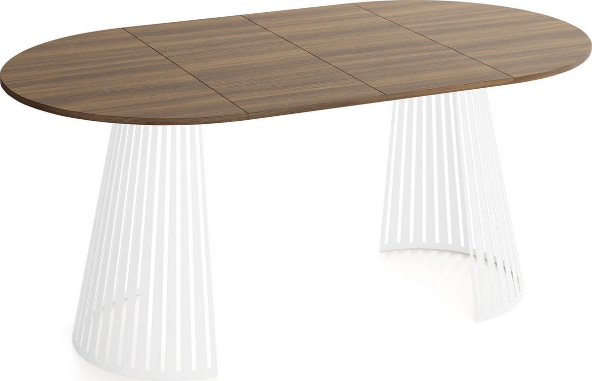ESSTISCH Naro rund ausziehbar mit Weißem Lamellen-Metallgestell, Walnuss Braun 120-200/120/76 cm - Walnussfarben/Braun, Holzwerkstoff/Metall (120/196/76cm) - WFL GROUP