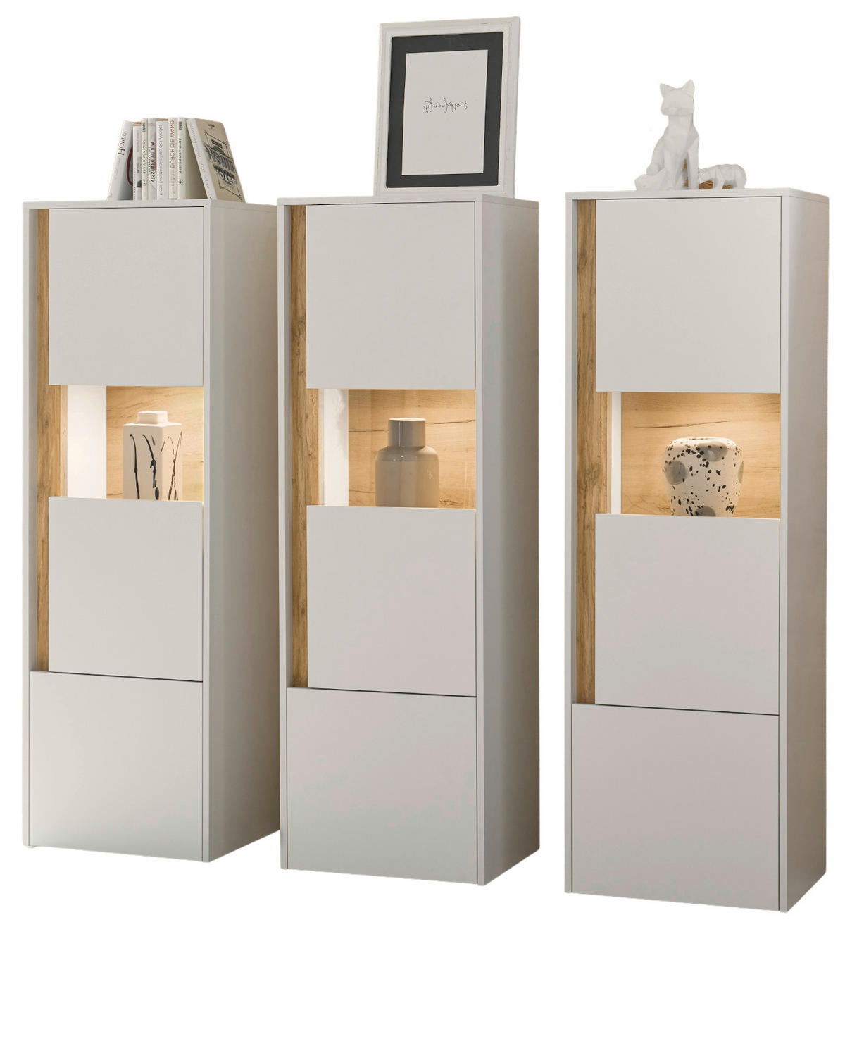 VITRINEN-SET 3-teilig weiß, Eiche Wotan 190, Schrank-Set mit viel Stauraum - Eiche Wotan/Schwarz, Glas/Holz (190/155/40cm) - Furn.Design
