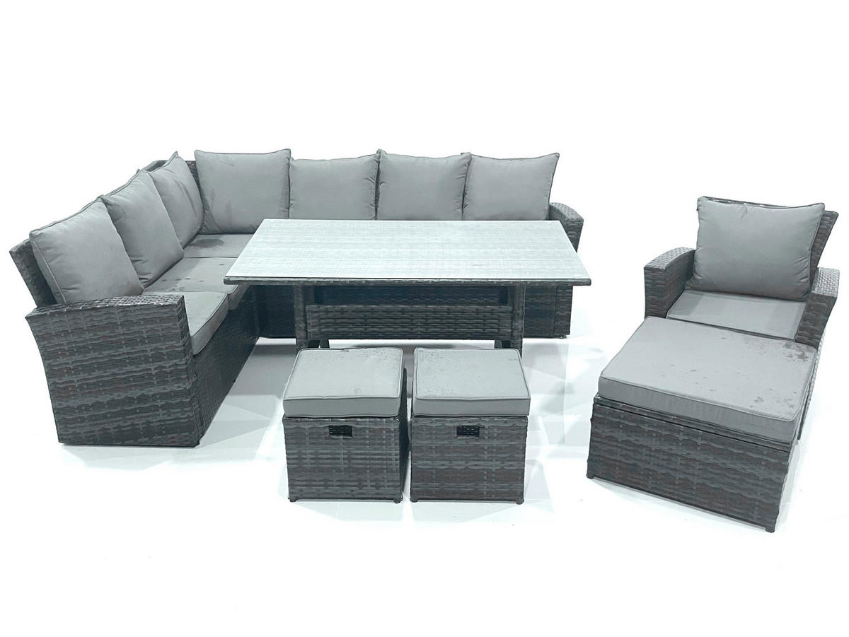 GARTENLOUNGE mit Ecksofa Polyrattan 10-Sitzer - Dunkelgrau/Grau, Glas/Kunststoff - Fimous