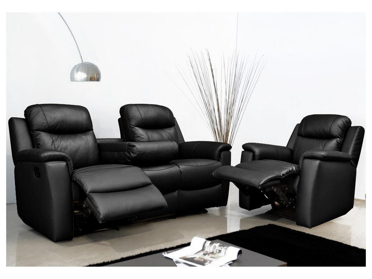 RELAXSOFA Leder 3-Sitzer - Schwarz - EVASION - Schwarz, Leder (96/100/205cm) - Vente-Unique